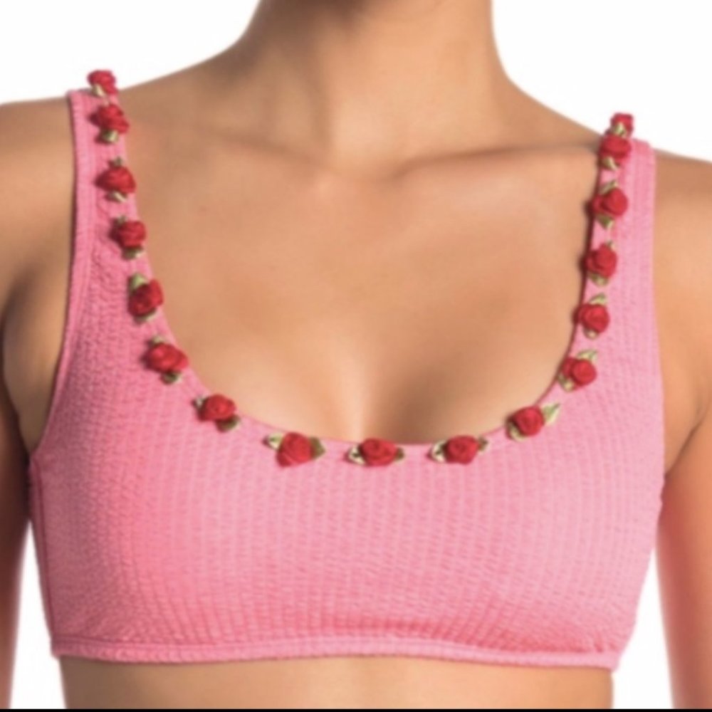 Betsey Johnson Scrunch Bunch Rose Bikini Top Pink Rosettes